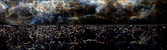Atomare Wasserstoffemission eines Ausschnitts aus der THOR-Durchmusterung (oben) und zugehörige fadenförmige Strukturen um das Magdalena-Filament (unten). Die Farben stellen die Emission bei drei Radialgeschwindigkeiten dar Atomare Wasserstoffemission eines Ausschnitts aus der THOR-Durchmusterung (oben) und zugehörige fadenförmige Strukturen um das Magdalena-Filament (unten). Die Farben stellen die Emission bei drei Radialgeschwindigkeiten dar