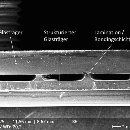 Rasterelektronenmikroskop-Aufnahme eines Querschnitts (Bruchkante) durch einen laminierten Glasträger mit strukturiertem Glasträger. Rasterelektronenmikroskop-Aufnahme eines Querschnitts (Bruchkante) durch einen laminierten Glasträger mit strukturiertem Glasträger.