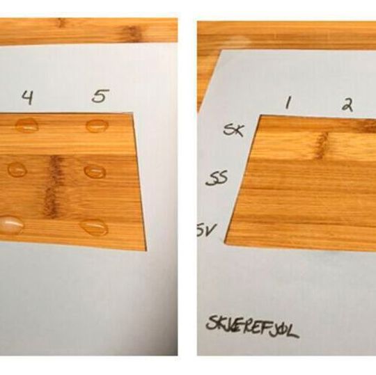 The pictures show three different types of food spills (Chicken – top, lettuce – in the middle, waffle mix – bottom) applied to a surface before and after drying overnight. The food spills are applied in five different concentrations (0-10 %). The pictures show three different types of food spills (Chicken – top, lettuce – in the middle, waffle mix – bottom) applied to a surface before and after drying overnight. The food spills are applied in five different concentrations (0-10 %).