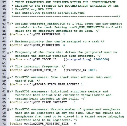 Bild 1: Über Konfigurationsparameter in der FreeRTOSConfig.h lassen sich eine Fülle von Einstellungen vornehmen, die auch für das Debugging relevant sind. Bild 1: Über Konfigurationsparameter in der FreeRTOSConfig.h lassen sich eine Fülle von Einstellungen vornehmen, die auch für das Debugging relevant sind.