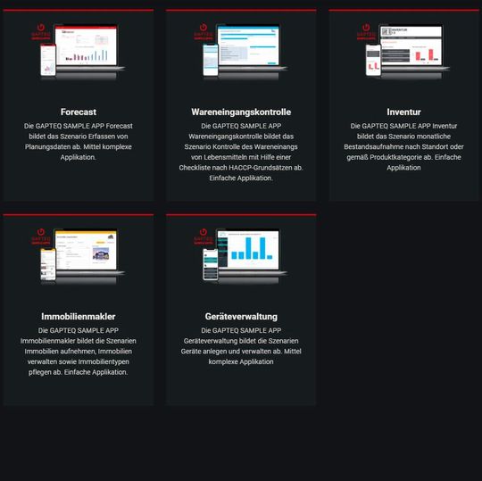 In den Gapteq Sample Apps finden sich kostenfreie Vorlagen und Beispielapplikationen. In den Gapteq Sample Apps finden sich kostenfreie Vorlagen und Beispielapplikationen.