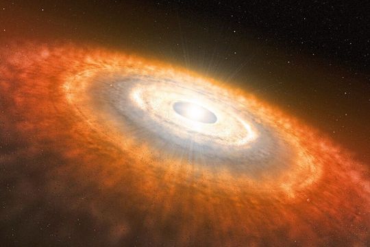 Künstlerische Darstellung eines jungen Sterns, der von einer protoplanetaren Scheibe umgeben ist, in der sich Planeten bilden. Künstlerische Darstellung eines jungen Sterns, der von einer protoplanetaren Scheibe umgeben ist, in der sich Planeten bilden.