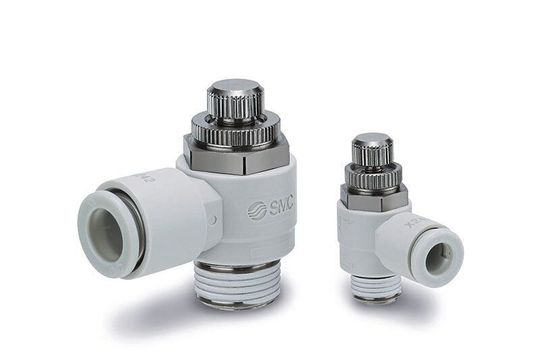 Das Drosselrückschlagventil der Serie AS-X242-J in Winkelausführung mit Einstellknopf aus Metall ist besonders robust und eignet sich dadurch für raue Anwendungen und variable Maschinen mit häufiger Einstellungsänderung. Das Drosselrückschlagventil der Serie AS-X242-J in Winkelausführung mit Einstellknopf aus Metall ist besonders robust und eignet sich dadurch für raue Anwendungen und variable Maschinen mit häufiger Einstellungsänderung.