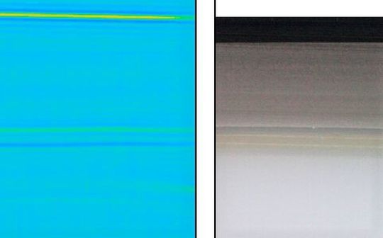 Links der Ausschnitt eines Linienscans einer Probe, untersucht mit Terahertz-Technik. Rechts der Querschnitt als Realbild. Links der Ausschnitt eines Linienscans einer Probe, untersucht mit Terahertz-Technik. Rechts der Querschnitt als Realbild.