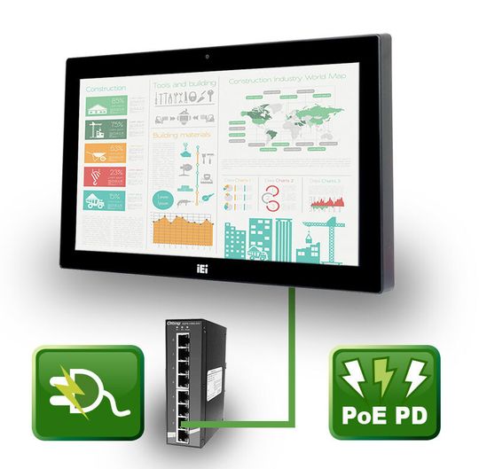 Die Wide Screen All-in-One PC-Serie lässt sich um PoE-Funktionalität erweitern. Wird das optionale Power-over-Ethernet-Modul verwendet, reduziert sich der Verkabelungsaufwand. Die Wide Screen All-in-One PC-Serie lässt sich um PoE-Funktionalität erweitern. Wird das optionale Power-over-Ethernet-Modul verwendet, reduziert sich der Verkabelungsaufwand.