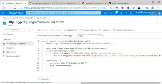 Der http-Trigger generiert eine Standard-Funktion in der zur gewählten Runtime passenden Sprache.