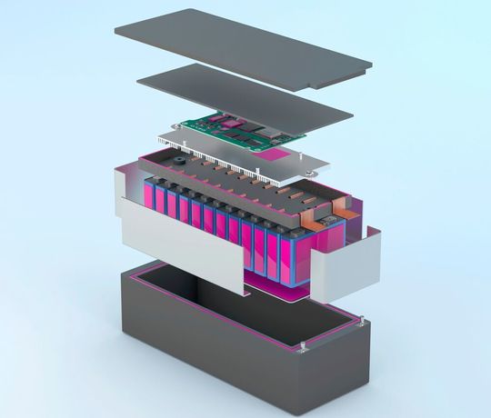 Anwendungsprinzip des neu entwickelten, wärmeleitfähigen Klebstoffs Delo-Duopox TC8686 (magentafarbene Bereiche) für die Montage von Niedervoltbatterien für Hybridfahrzeuge. Anwendungsprinzip des neu entwickelten, wärmeleitfähigen Klebstoffs Delo-Duopox TC8686 (magentafarbene Bereiche) für die Montage von Niedervoltbatterien für Hybridfahrzeuge.