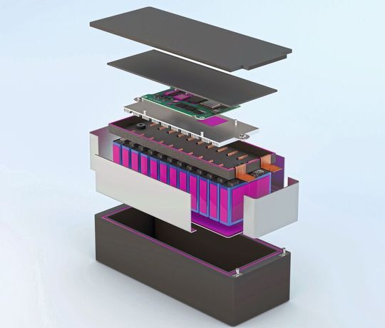 Anwendungsprinzip des neu entwickelten, wärmeleitfähigen Klebstoffs Delo-Duopox TC8686 (magentafarbene Bereiche) für die Montage von Niedervoltbatterien für Hybridfahrzeuge. Anwendungsprinzip des neu entwickelten, wärmeleitfähigen Klebstoffs Delo-Duopox TC8686 (magentafarbene Bereiche) für die Montage von Niedervoltbatterien für Hybridfahrzeuge.