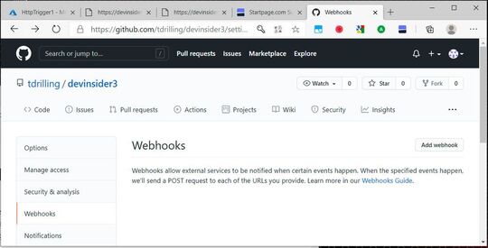 Webhooks sind eine in GitHub integrierte Funktion.