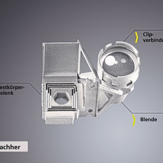 Aus vier mach eins: Die additive Fertigung ermöglicht, in die Linsenhalter unterschiedliche Funktionen, unter anderem eine Clipverbindung, ein Gelenk und eine Blende, zu integrieren. Aus vier mach eins: Die additive Fertigung ermöglicht, in die Linsenhalter unterschiedliche Funktionen, unter anderem eine Clipverbindung, ein Gelenk und eine Blende, zu integrieren.