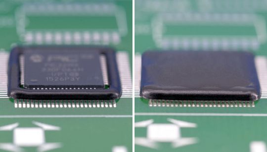 Panacol hat neue Hochleistungs-Klebstoffe für Frame- (links) und Fill-Prozesse (rechts) auf Leiterplatten entwickelt. Diese Maßnahme schützt die Bauteile vor äußeren Einflüssen. Das geht jetzt noch besser. Panacol hat neue Hochleistungs-Klebstoffe für Frame- (links) und Fill-Prozesse (rechts) auf Leiterplatten entwickelt. Diese Maßnahme schützt die Bauteile vor äußeren Einflüssen. Das geht jetzt noch besser.