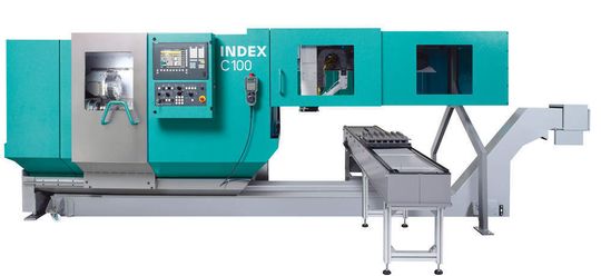 Bild 1: Produktionsdrehautomat Index C100 mit integrierter Werkstückhandhabung WHU; bis zu zwei Palettenstationen und eine separate Messstation laut Index können nebeneinander platziert werden. Bilder: Index Bild 1: Produktionsdrehautomat Index C100 mit integrierter Werkstückhandhabung WHU; bis zu zwei Palettenstationen und eine separate Messstation laut Index können nebeneinander platziert werden. Bilder: Index