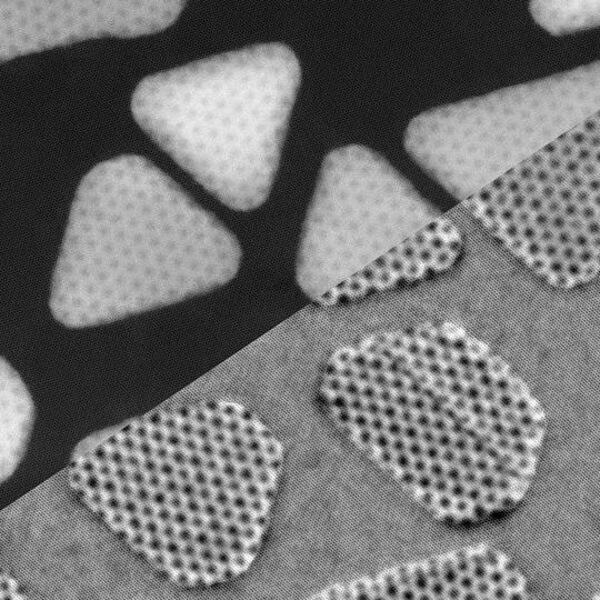 These images of “islands” of gold atoms deposited on a layer of two-dimensional molybdenum sulfide were produced by two different modes, using a new scanning tunneling electron microscope (Stem) in the new MIT.nano facility. These images of “islands” of gold atoms deposited on a layer of two-dimensional molybdenum sulfide were produced by two different modes, using a new scanning tunneling electron microscope (Stem) in the new MIT.nano facility.