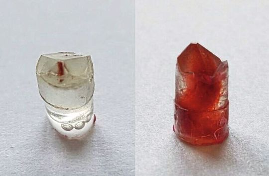 Vorbereitet für die Untersuchung mit dem Röntgenfluoreszenzmikroskop: Fasern des historischen Pazyryk-Teppichs, eingebettet in Epoxidharz (links). Zum Vergleich auf dem rechten Bild: selbst fermentierte und gefärbte Standardproben.