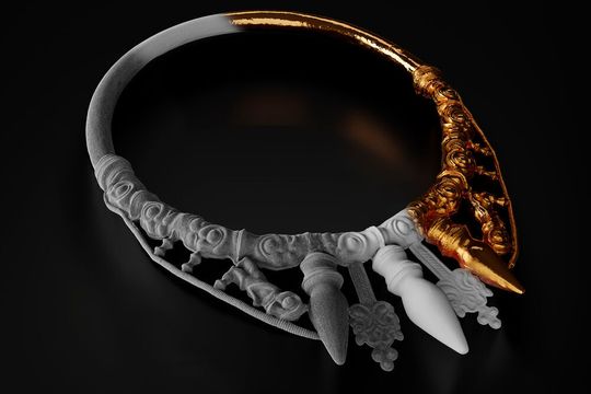 Scanergebnis des CultArm3D: Goldener Halsring des Keltenfürsten – 400 v. Chr.; v.l.n.r.: Dreiecksnetz, farblos, texturiert. Exponat der Keltenwelt am Glauberg