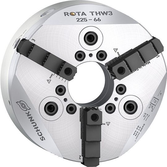The Schunk Rota THW3 chuck with quick-change jaws and patented sealing, ensures consistent clamping forces, long maintenance intervals and a high reliability. The Schunk Rota THW3 chuck with quick-change jaws and patented sealing, ensures consistent clamping forces, long maintenance intervals and a high reliability.