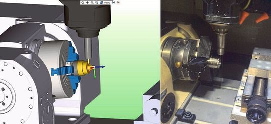 A gauche la simulation d'usinage par ESPRIT dispose d'un véritable jumeau numérique du Robodrill en vrai sur la droite. A gauche la simulation d'usinage par ESPRIT dispose d'un véritable jumeau numérique du Robodrill en vrai sur la droite.