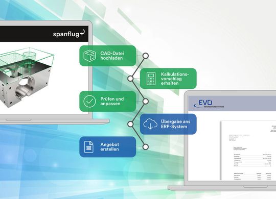 Durch die Anbindung können die mit Spanflug gewonnen Daten schnell im ERP-System EVO Competition weiterverarbeitet werden. Durch die Anbindung können die mit Spanflug gewonnen Daten schnell im ERP-System EVO Competition weiterverarbeitet werden.