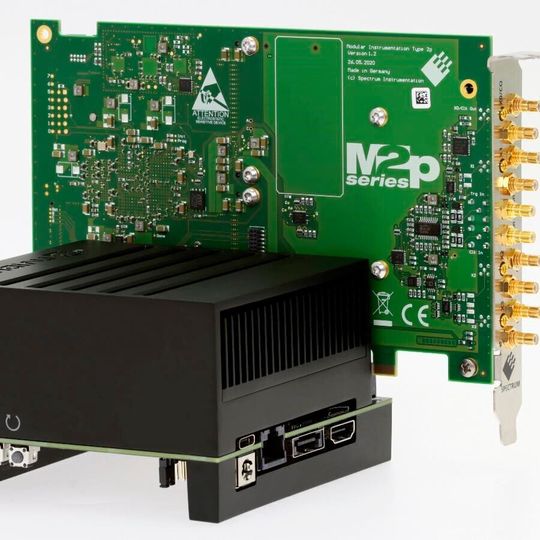 Der Nvidia Jetson mit der M2p.5968 Digitizerkarte von Spectrum: Diese kleine aber leistungsstarke Kombination kann acht parallele Signale mit je 125 MS/s abtasten. Der Nvidia Jetson mit der M2p.5968 Digitizerkarte von Spectrum: Diese kleine aber leistungsstarke Kombination kann acht parallele Signale mit je 125 MS/s abtasten.