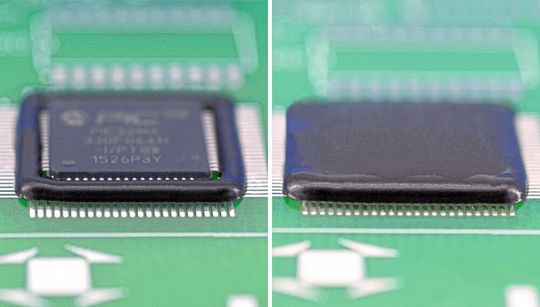 Panacol hat neue Hochleistungs-Klebstoffe für Frame- (links) und Fill-Prozesse (rechts) auf Leiterplatten entwickelt. Diese Maßnahme schützt die Bauteile vor äußeren Einflüssen. Das geht jetzt noch besser.