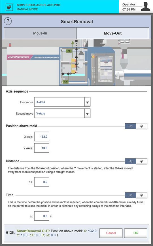 ...und so sieht der Vorgang Smartremoval-Move-Out auf der Wittmann-R9-Steuerung (W9 & WX Serie) aus.