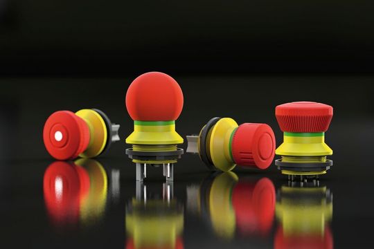 Die neuen Varianten des Not-Halt-Programms von Georg Schlegel für die Shortron-Baureihe gibt es ohne Kontaktelement für den Zwischenbau und mit Kontaktelement für den Flachsteck- oder Printanschluss.