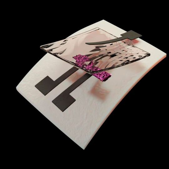 A 3D rendering of the first fully recyclable, printed transistor. A 3D rendering of the first fully recyclable, printed transistor.