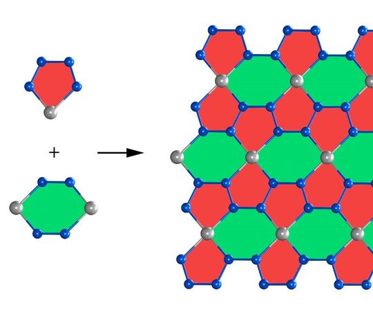Eine einzelne Beryllonitren-Schicht besteht aus BeN₄-Fünfecken und Be₂N₄-Sechsecken. Die Beryllium-Atome sind als graue Bällchen, Stickstoff-Atome als blaue Bällchen dargestellt. Eine einzelne Beryllonitren-Schicht besteht aus BeN₄-Fünfecken und Be₂N₄-Sechsecken. Die Beryllium-Atome sind als graue Bällchen, Stickstoff-Atome als blaue Bällchen dargestellt.