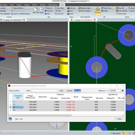 Bild 1: Die Kriechstrecken-Sicherheitsprüfungen von eCADSTAR messen den Abstand zwischen elektrischen Objekten in 3D. Die Regeln können in einem zentralen Constraint-Browser eingestellt werden. Bild 1: Die Kriechstrecken-Sicherheitsprüfungen von eCADSTAR messen den Abstand zwischen elektrischen Objekten in 3D. Die Regeln können in einem zentralen Constraint-Browser eingestellt werden.