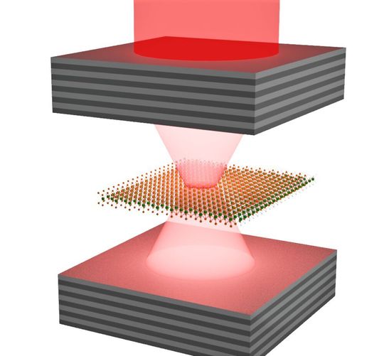 Kristalle, die aus einer einzigen Schicht von Atomen bestehen (Bildmitte) und zwischen „Spiegeln“ platziert sind, lassen sich durch Laserlicht in einen exotischen Quantenzustand versetzen. So könnte man den kleinsten möglichen Festkörperlaser aufbauen. Kristalle, die aus einer einzigen Schicht von Atomen bestehen (Bildmitte) und zwischen „Spiegeln“ platziert sind, lassen sich durch Laserlicht in einen exotischen Quantenzustand versetzen. So könnte man den kleinsten möglichen Festkörperlaser aufbauen.
