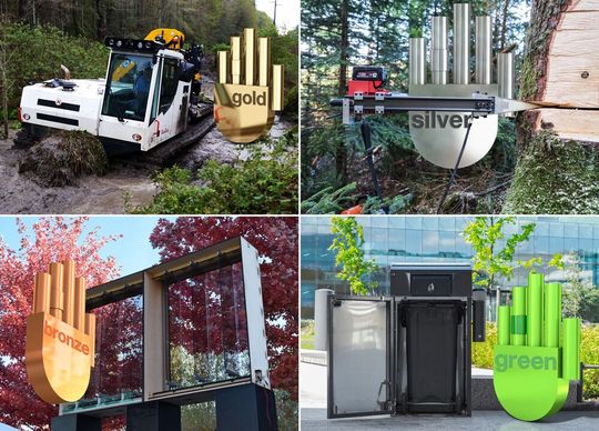 Die Gewinner des Manus-Awards 2021: Ein robustes Geländefahrzeug, ein ferngesteuerter Fällkeil, ein Sonnenschutzfassadensystem und eine intelligente Mülltonne. Die Gewinner des Manus-Awards 2021: Ein robustes Geländefahrzeug, ein ferngesteuerter Fällkeil, ein Sonnenschutzfassadensystem und eine intelligente Mülltonne.