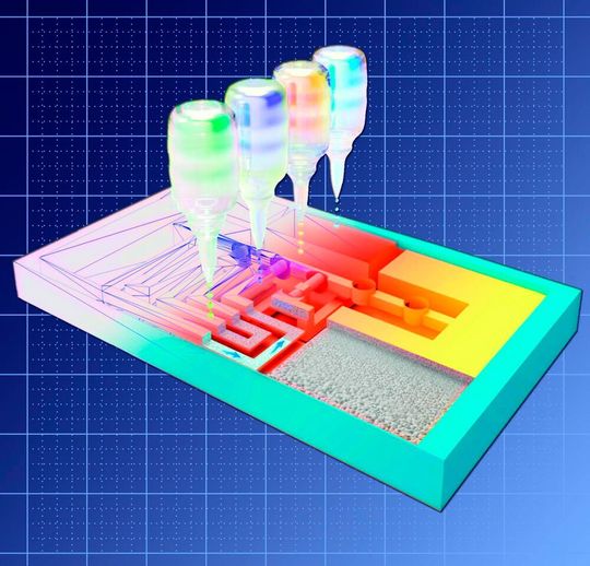 Using a 3D printer, the researchers fabricated a 3D version of a lateral flow test. The basis is a small block of porous polymer, in which 'inks' with specific properties are printed at precise locations. Using a 3D printer, the researchers fabricated a 3D version of a lateral flow test. The basis is a small block of porous polymer, in which 'inks' with specific properties are printed at precise locations.