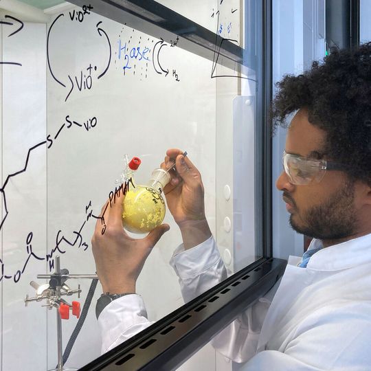 Dawit T. Filmon, Mitarbeiter von Prof. Nicolas Plumere, Professur für Elektrobiotechnologie am TUM Campus Straubing für Biotechnologie und Nachhaltigkeit, hält einen Ausgangsstoff für die Seitenketten des schützenden Polymers in seinen Händen. Dawit T. Filmon, Mitarbeiter von Prof. Nicolas Plumere, Professur für Elektrobiotechnologie am TUM Campus Straubing für Biotechnologie und Nachhaltigkeit, hält einen Ausgangsstoff für die Seitenketten des schützenden Polymers in seinen Händen.