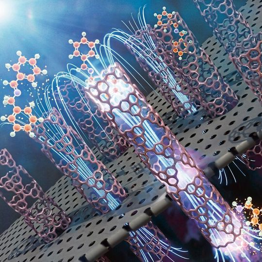 Die Abbildung zeigt mehrere parallel angeordnete nanometerkleine Röhren als Teil der Membran, in der die photokatalytische Reaktion abläuft. Die Membran ist ein makroskopisches Objekt, das aus einem Ensemble solcher Röhren besteht. Die Abbildung zeigt mehrere parallel angeordnete nanometerkleine Röhren als Teil der Membran, in der die photokatalytische Reaktion abläuft. Die Membran ist ein makroskopisches Objekt, das aus einem Ensemble solcher Röhren besteht.