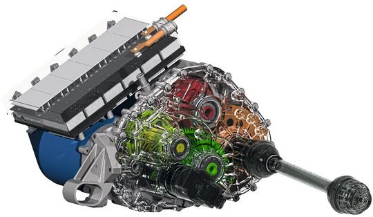 Der Speed4E-Antriebsstrang besteht aus zwei E-Motoren, zwei Leistungselektroniken, die sich in einem gemeinsamen Gehäuse direkt auf den Motoren befinden und zwei Teilgetrieben. Teilgetriebe 1 ist eine Planeten-Stirnradstufen-Kombination. Teilgetriebe 2 ist dreistufig ausgeführt und schaltbar. Der Speed4E-Antriebsstrang besteht aus zwei E-Motoren, zwei Leistungselektroniken, die sich in einem gemeinsamen Gehäuse direkt auf den Motoren befinden und zwei Teilgetrieben. Teilgetriebe 1 ist eine Planeten-Stirnradstufen-Kombination. Teilgetriebe 2 ist dreistufig ausgeführt und schaltbar.