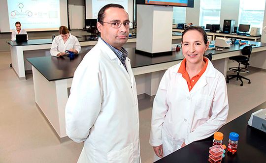 Pablo Perez-Pinera, left, and Karin Jensen developed remote laboratory exercises to help students learn common lab techniques. Pablo Perez-Pinera, left, and Karin Jensen developed remote laboratory exercises to help students learn common lab techniques.