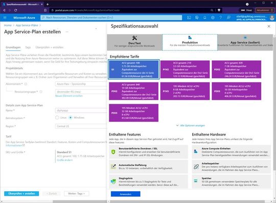 Der App-Service-Plan ist Grundlage für die Abrechnungen von PaaS-Diensten.