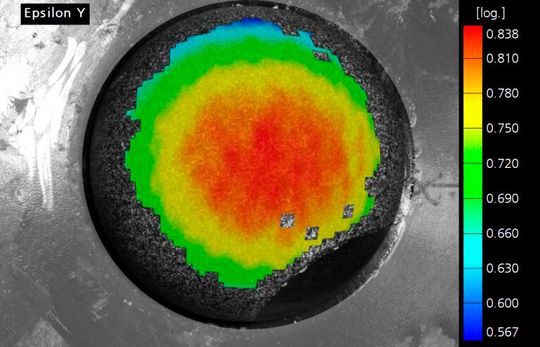 Ergebnisse des Aufblasversuchs ausgewertet mit 3D-Software GOM Aramis: logarithmische Dehnung ε_yy bei maximaler Belastung.