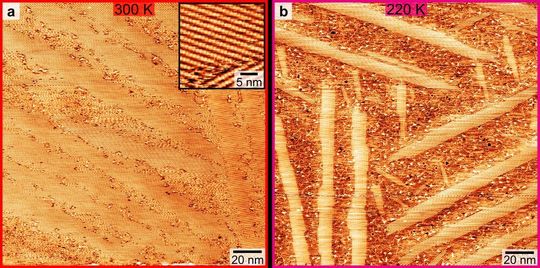 Schmilzt, wenn es kalt wird! Aufnahmen per Rastertunnelmikroskop zeigen, wie Molybdänacetat-Moleküle bei etwa 27 °C (300 Kelvin) noch geordnet sind (links), bei -53 °C (220 Kelvin) ihre Kettenstruktur aber verloren geht. Dennoch nimmt die Entropie ab. Schmilzt, wenn es kalt wird! Aufnahmen per Rastertunnelmikroskop zeigen, wie Molybdänacetat-Moleküle bei etwa 27 °C (300 Kelvin) noch geordnet sind (links), bei -53 °C (220 Kelvin) ihre Kettenstruktur aber verloren geht. Dennoch nimmt die Entropie ab.