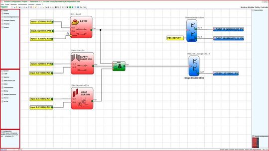 Die Konfiguration der Modicon MCM Safety Controller erfolgt innerhalb der lizenzfreien Software «SoSafe Configurable». Mithilfe einfacher Linien wird die logische Verbindung zwischen den Funktionsblöcken etabliert. Die Konfiguration der Modicon MCM Safety Controller erfolgt innerhalb der lizenzfreien Software «SoSafe Configurable». Mithilfe einfacher Linien wird die logische Verbindung zwischen den Funktionsblöcken etabliert.