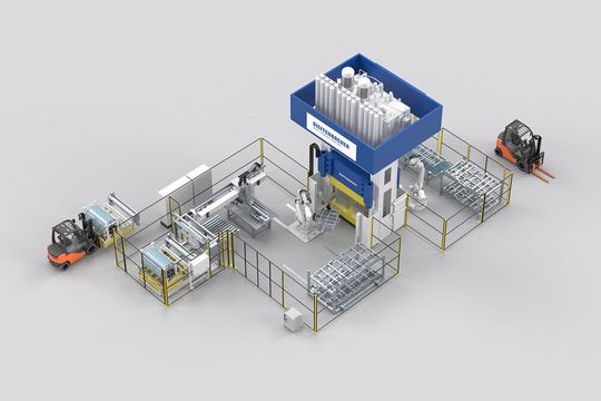 Prinzip einer Dieffenbacher-SMC-Verarbeitungsanlage (Sheet Molding Compound) für die vollautomatische Fertigung großflächiger Compositebauteile. Dazu gehören etwa Lkw-Stoßfänger oder Pkw-Heckklappen. Sie punkte durch kurze Zykluszeiten und reduziere den Ausschuss. Prinzip einer Dieffenbacher-SMC-Verarbeitungsanlage (Sheet Molding Compound) für die vollautomatische Fertigung großflächiger Compositebauteile. Dazu gehören etwa Lkw-Stoßfänger oder Pkw-Heckklappen. Sie punkte durch kurze Zykluszeiten und reduziere den Ausschuss.