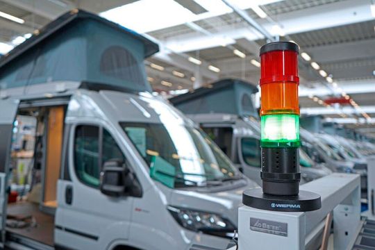 Die Pandemie hat auch den Wohnmobilhersteller Hymer getroffen. Damit in Zukunft die Beschäftigten sicherer sind, setzt Hymer jetzt auf über 30 CO2-Ampeln von Werma Signaltechnik. Stehen die auf Rot, muss gelüftet werden. Die Pandemie hat auch den Wohnmobilhersteller Hymer getroffen. Damit in Zukunft die Beschäftigten sicherer sind, setzt Hymer jetzt auf über 30 CO2-Ampeln von Werma Signaltechnik. Stehen die auf Rot, muss gelüftet werden.