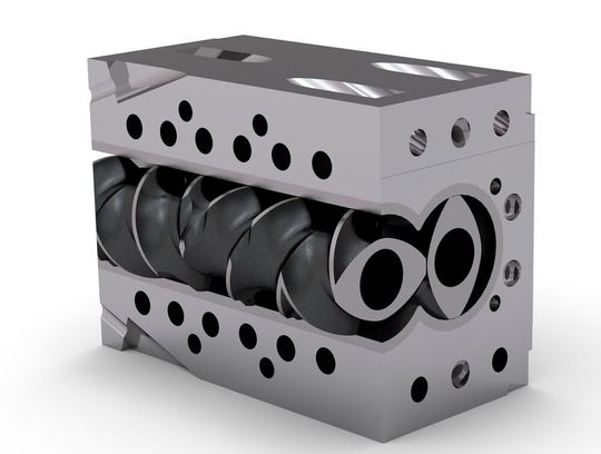 Das ist ein spezielles Feddem-Mischelement des Typs FME, mit dem man schonender compoundieren kann, wie es heißt. Die Vorteile ergeben sich aus der knetblockfreien Schneckengeometrie sowie aus einem geringeren spezifischen Energieeintrag respektive einer schoneneden Behandlung des Compounds, über die gesamte Verfahrenslänge hinweg.