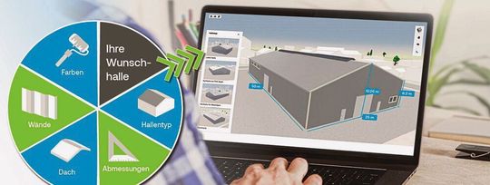 Insbesondere für Lager und Logistik kann mithilfe des 3D-Hallenkonfigurators die individuelle Wunschhalle jetzt kostenfrei geplant werden. Insbesondere für Lager und Logistik kann mithilfe des 3D-Hallenkonfigurators die individuelle Wunschhalle jetzt kostenfrei geplant werden.