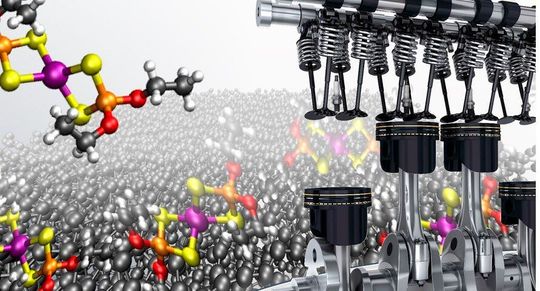 Bunt dargestellt ist das sogenannte ZDDP-Molekül aus einem typischen Schmierstoffadditiv. Im Zusammenspiel mit diamantähnlichen Schutzschichten kann es aber kritischen Effekten kommen, die Forschende am Fraunhofer-IWM jetzt erfolgreich analysiert haben. Bunt dargestellt ist das sogenannte ZDDP-Molekül aus einem typischen Schmierstoffadditiv. Im Zusammenspiel mit diamantähnlichen Schutzschichten kann es aber kritischen Effekten kommen, die Forschende am Fraunhofer-IWM jetzt erfolgreich analysiert haben.
