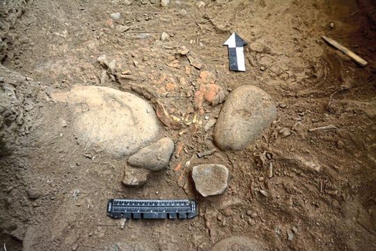 Schädelfragmente zwischen Steinen, die über das Grab gelegt wurden.