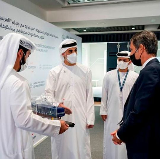 H.H. Sheikh Khaled bin Mohamed bin Zayed Al Nahyan, Member of Abu Dhabi Executive Council and Chairman of Abu Dhabi Executive Office, meets with officials from AD Ports Group and CMA CGM Group to witness the signing of a concession agreement between them. H.H. Sheikh Khaled bin Mohamed bin Zayed Al Nahyan, Member of Abu Dhabi Executive Council and Chairman of Abu Dhabi Executive Office, meets with officials from AD Ports Group and CMA CGM Group to witness the signing of a concession agreement between them.