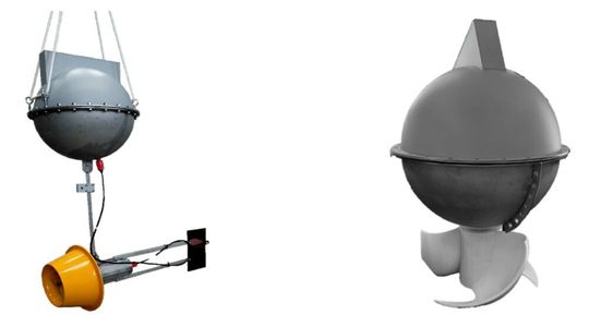 Links zu sehen: die Small Lens-type Tidal Turbines (SLTT), rechts: die Vertical-axis Tidal Turbines (VTT).