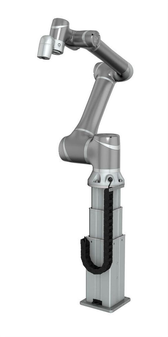 Die dritte neue Hilpert-TM-Cobot-Option nennt sich Liftkit. Sie hilft Cobots beim Palettieren, wenn sie höhentechnisch an ihre Grenzen stoßen, sobald der Palettenstapel eine bestimmte Höhe erreicht.