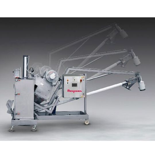 Flexicon Mobile Tilt-Down Flexible Screw Conveyor with Integral Bag Dump System can be deployed anywhere in the plant to transfer manually-dumped material into elevated process equipment. Flexicon Mobile Tilt-Down Flexible Screw Conveyor with Integral Bag Dump System can be deployed anywhere in the plant to transfer manually-dumped material into elevated process equipment.
